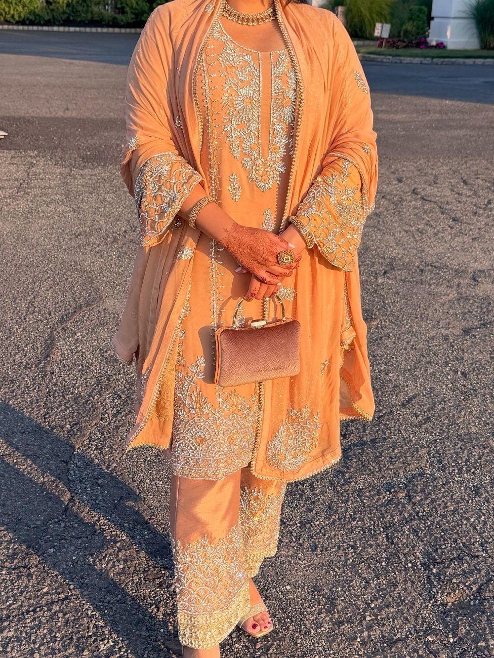 Ethnic Indian Wear Peach Embroidered Palazzo Straight Leg Set